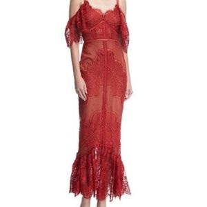 Marchesa Notte red lace off the shoulder gown